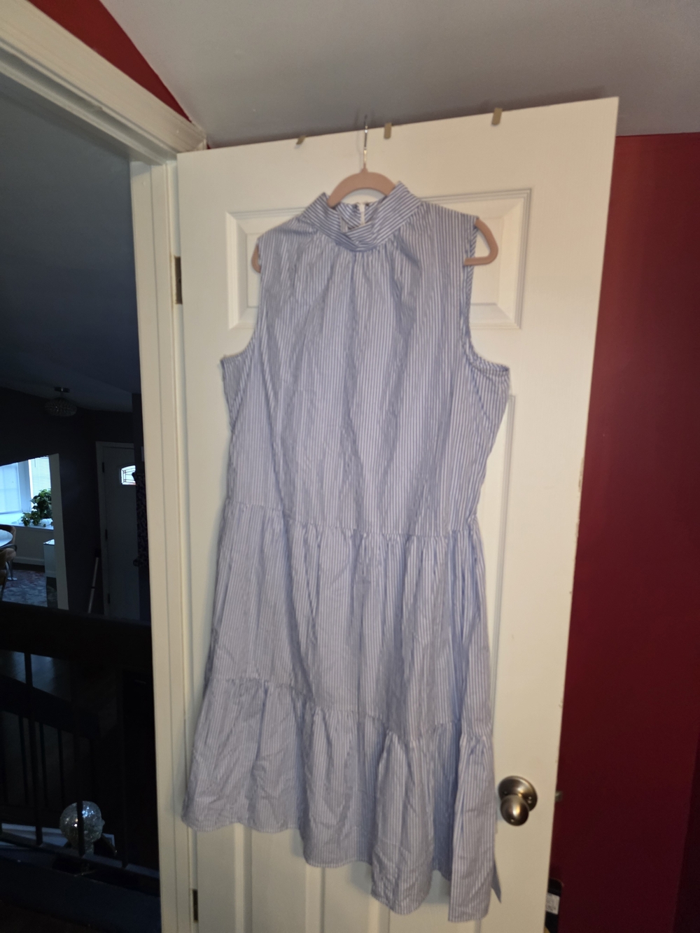 Who What Wear Blue & White Striped Sleeveless Tiered Dress